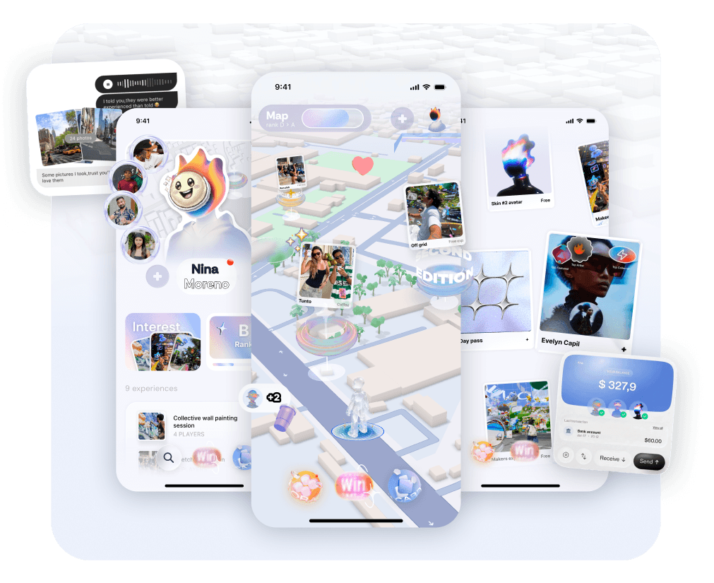 Application INREAL affichant plusieurs écrans : carte, profil et cartes de quêtes